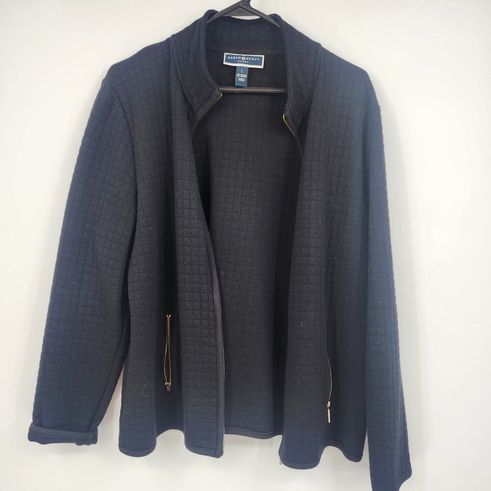 Karen Scott Sport Women's Textured Knit Jacket L Navy Blue Full Zip Pockets 28"